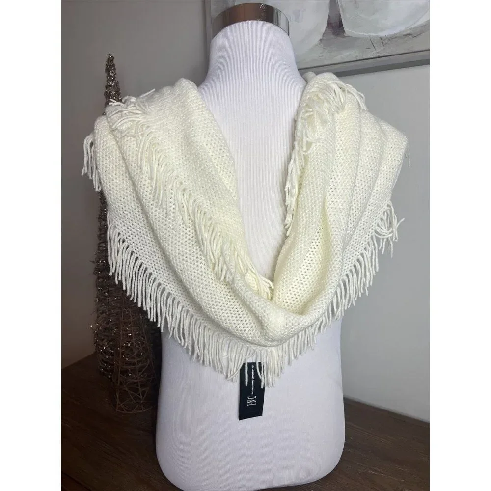 INC Womens Raschel Loop Infinity Fringe‎ Scarf Ivory Soft Cozy One Size New